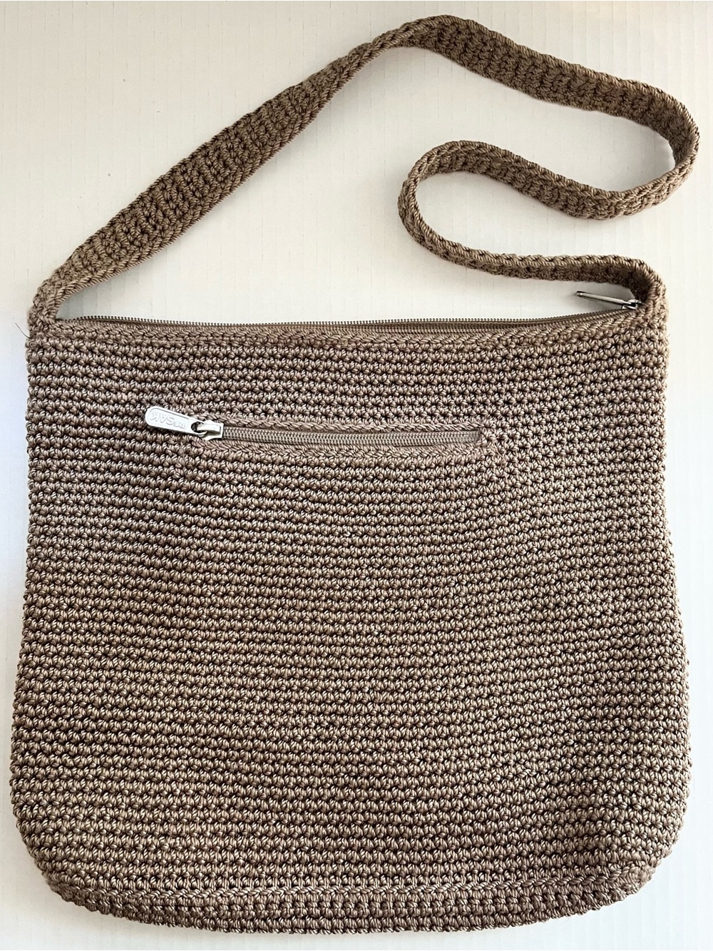 The SAK Boho Top Zip Crochet Shoulder Bag Purse in Mushroom/Tan Brown.